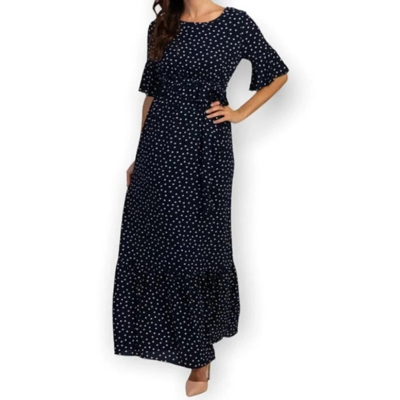 ORANGE CREEK / Pinkblush NWT Maternity Post Bump Dress Navy Polka Dot Tier S - Picture 1 of 11